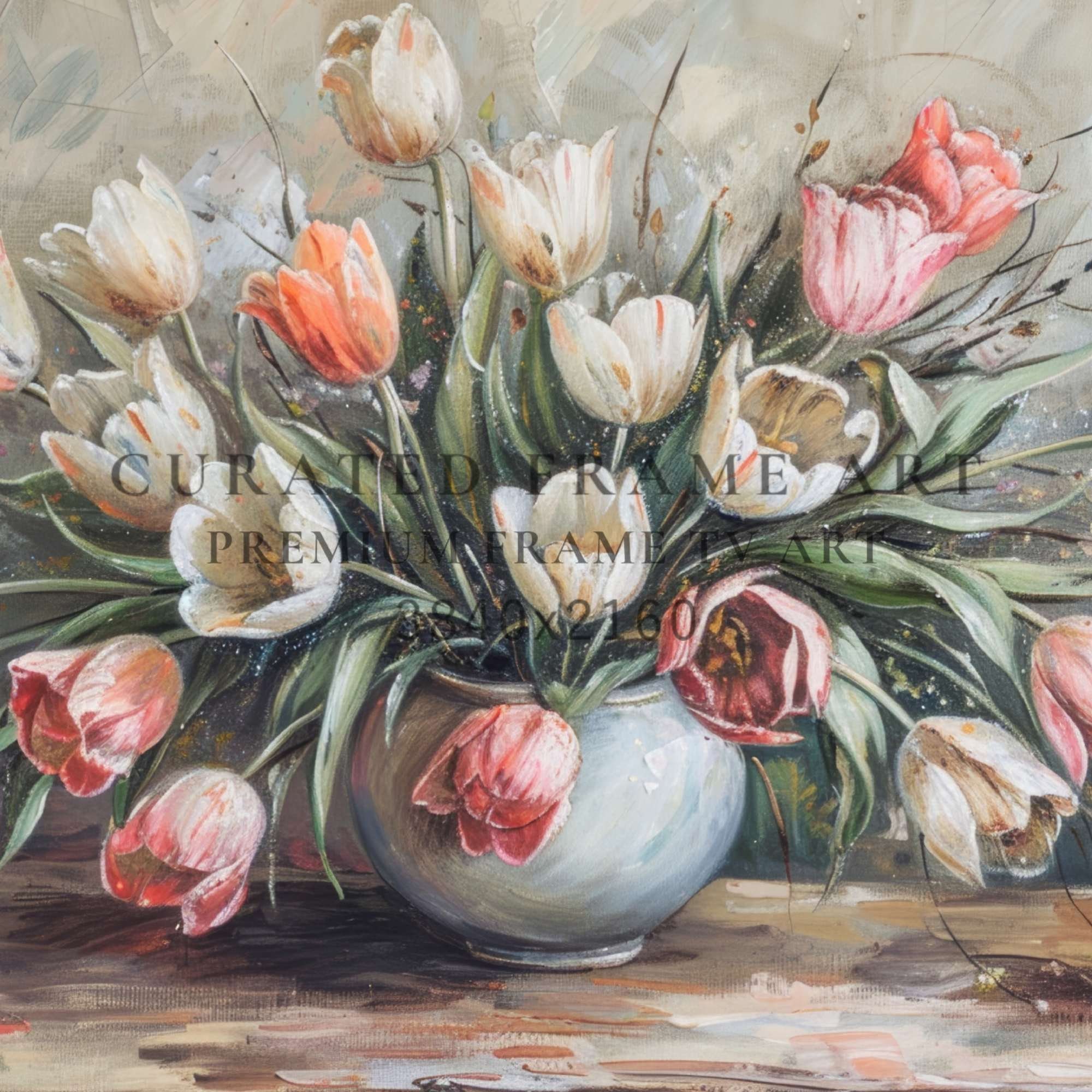 Vintage Tulip Frame TV Art, Rustic Flowers Oil Painting, Floral