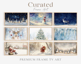 May include: Nine watercolor paintings in wooden frames depicting winter scenes. The paintings feature a snowman, a deer, a Christmas tree, Santa Claus, and a village of houses.
