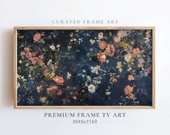 Navy Blue Vintage Floral Frame TV Art, Summer Tv Art, Dark Rustic White Wildflowers Painting, Botanical Easter Screensaver, Spring Wallpaper