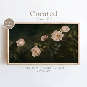 Flower Painting Frame TV Art, Antique Dark Green Peach Wildflower Screensaver Earthy Organic Floral Wild Rose Vintage Botanical Summer Decor