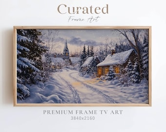 Winter Village Painting, Snowy Cottagecore Frame TV Art (Digital Download)