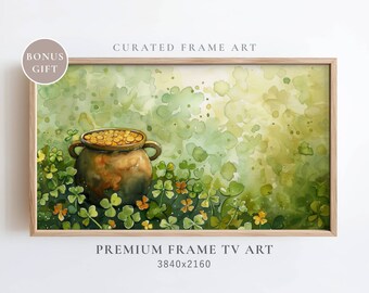 St Patrick&#39;s Day Frame TV Art, St Patricks Watercolor Decor, Vintage Oil Rustic Paddy TV Art, Saint Patty TV Art Frame Green Shamrock Tv Art