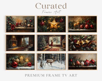 May include: A set of nine framed Christmas-themed paintings. The paintings feature a variety of winter scenes, including a fireplace, a snowy forest, and a Christmas tree. The paintings are all in a rustic style and feature warm colors.