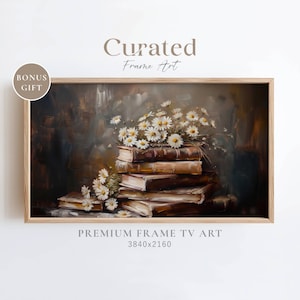May include: A framed painting of a stack of old books with a bouquet of white daisies on top. The painting is set against a dark brown background and has a light brown frame.