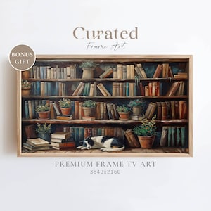 May include: A painting of a bookshelf filled with books and potted plants. A black and white dog is sleeping on the floor in front of the bookshelf. The painting is framed in a light wood frame.