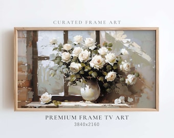 Vintage White Rose Frame TV Art, Rustic Floral Oil Painting (Digital Download)