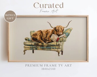 Highland Cow Reading, Funny Watercolor Painting, Frame TV Art (Digital Download)