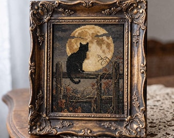 Black Cat Garden Moon Cross Stitch Style Wall Art, Rustic Gate Print, Cozy Autumn Halloween Decor, Digital Download