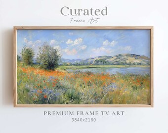 Wildflower Field Frame TV Art, Vintage Impressionist Lake Painting (Digital)