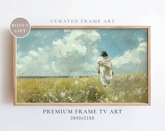 Könnte beinhalten: Gerahmter Kunstdruck mit einer Figur in weißen Gewändern, die durch ein Feld mit hohem Gras unter einem bewölkten Himmel geht. Das Kunstwerk befindet sich in einem Holzrahmen. Der Text auf dem Bild lautet "CURATED FRAME ART" und "PREMIUM FRAME TV ART 3840x2160".