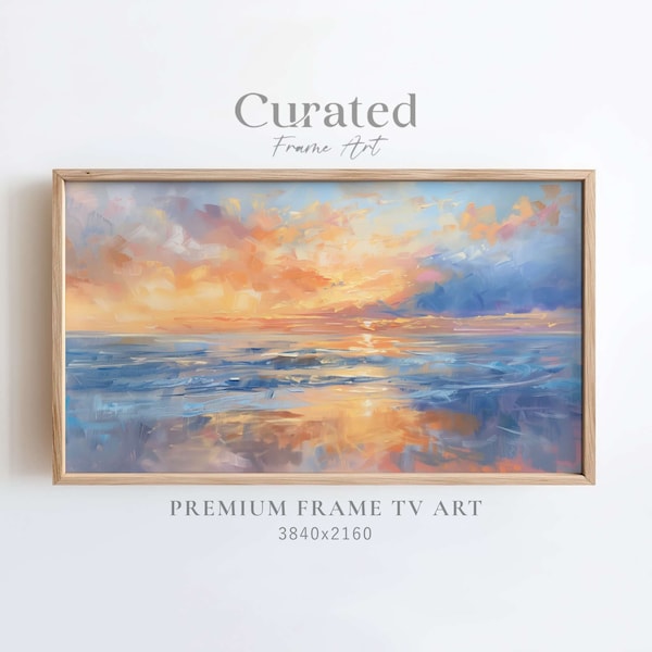 Summer Sunset Frame TV Art, Textured Ocean Waves Digital Download, Modern Seascape Painting for Frame TV, Warm Colored Oil Painting