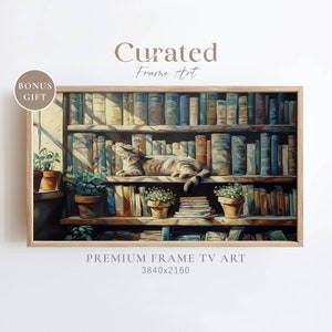 May include: A painting of a cat resting on a bookshelf filled with books. The cat is light brown and white with a soft, fluffy coat. The bookshelf is made of dark wood and has several shelves filled with books of various sizes and colors. The books are illuminated by a warm, golden light streaming through a window. The painting is a beautiful and peaceful scene that evokes a sense of tranquility and comfort.
