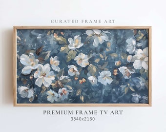 Navy Blue Vintage Flowers Frame TV Art, Summer Tv Art, Rustic White Wildflowers Painting, Botanical Easter Screensaver, Spring Wallpaper