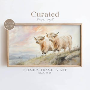Highland Cows Frame Tv Art, Samsung Frame TV Art, Soft Spring Frame TV Painting, Soft Farmhouse Decor, Highland Cow in Wildflower Field