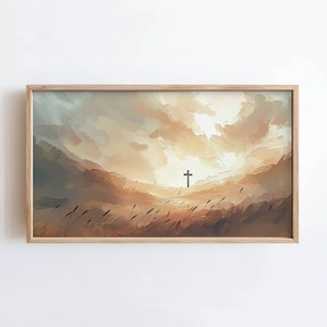 Cruz cristiana, pintura al óleo religiosa cristiana, descarga instantánea, arte de TV con marco de primavera, arte digital, decoración de Pascua, marco de arte de Pascua
