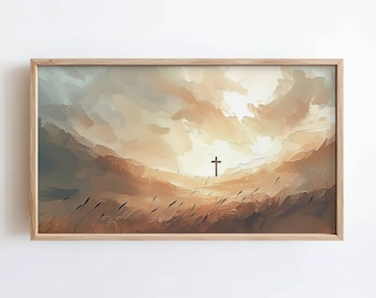 Croix chrétienne, peinture à l'huile religieuse chrétienne, téléchargement immédiat, oeuvre d'art pour télévision avec cadre printanier, art numérique, décoration de Pâques, cadre artistique de Pâques