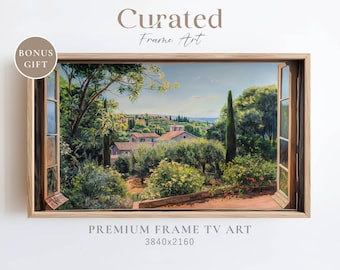 Vintage Village View Frame TV Art, Floral Farmhouse Oil Painting (4K Wallpaper)