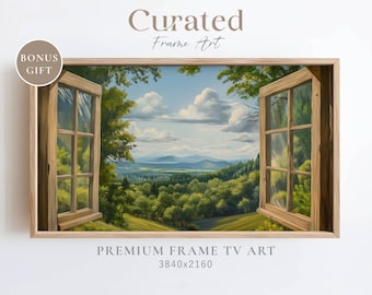 Forest Window View Frame TV Art, Vintage Floral Oil Painting (4K Wallpaper)