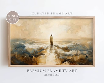 Jesus Walking on Water Oil Painting, Bible Christian Frame TV Art (Digital Download)
