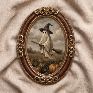 May include: An oval-shaped, ornate dark brown and gold frame containing a painting of a white ghost wearing a pointed black hat and holding a broomstick. The ghost is floating above a field of orange pumpkins under a cloudy, overcast sky.