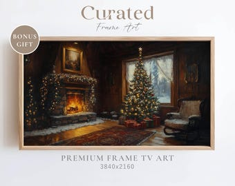 May include: A painting of a cozy living room with a lit fireplace, a decorated Christmas tree, and a comfortable armchair. The room is decorated with a garland and snow on the floor. The painting is framed in a light wood frame.