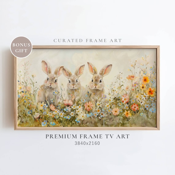 Vintage Bunny Painting TV Frame Art, Spring Wildflower Field (Digital Download)