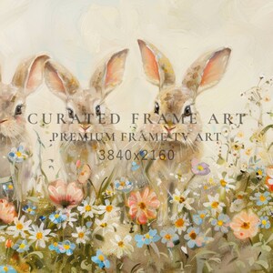 May include: Three brown rabbits with long ears are peeking out from behind a field of white, pink, and blue flowers. The background is a soft, light yellow.