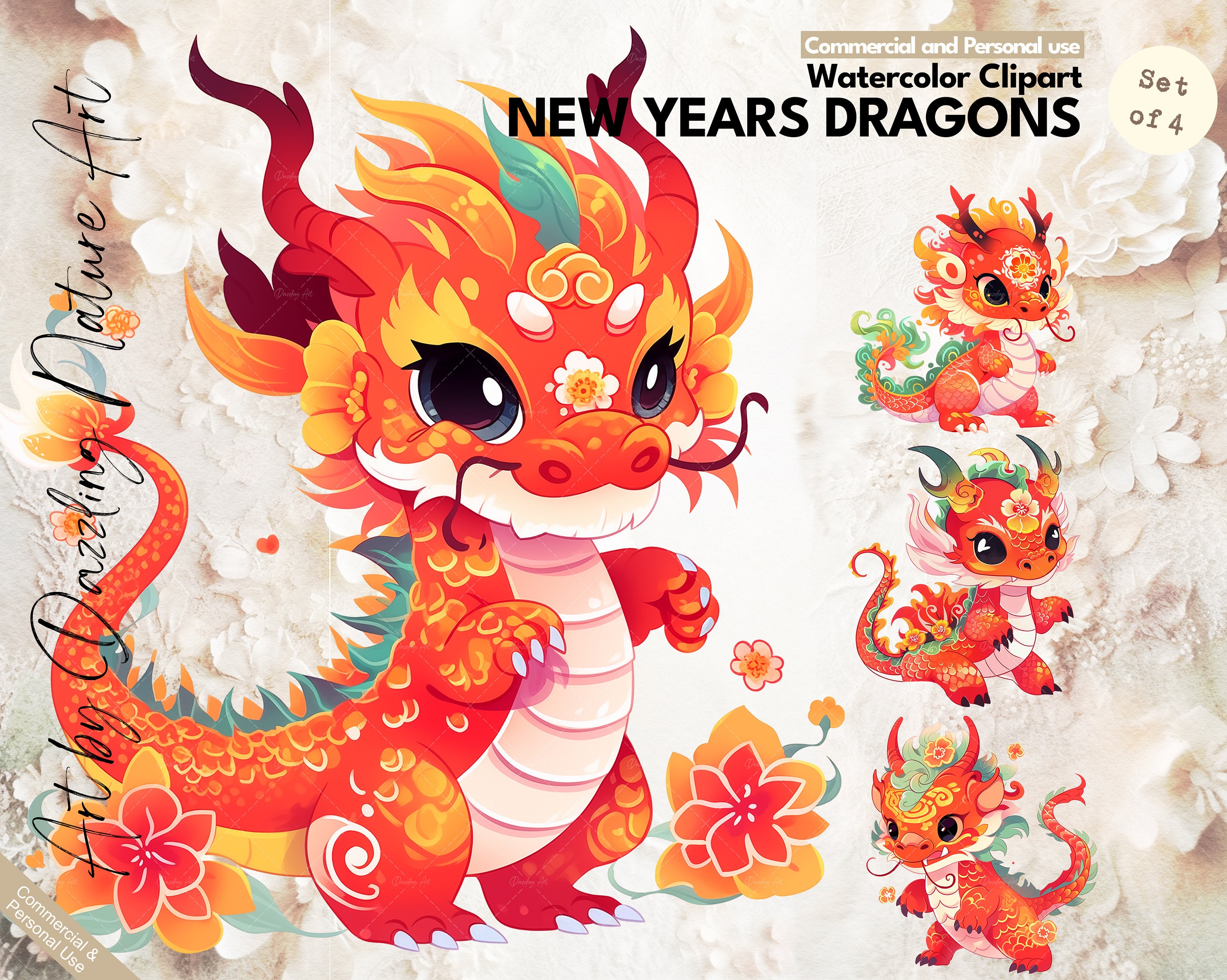 Chinese dragons clipart - Celebration clipart - Watercolor images