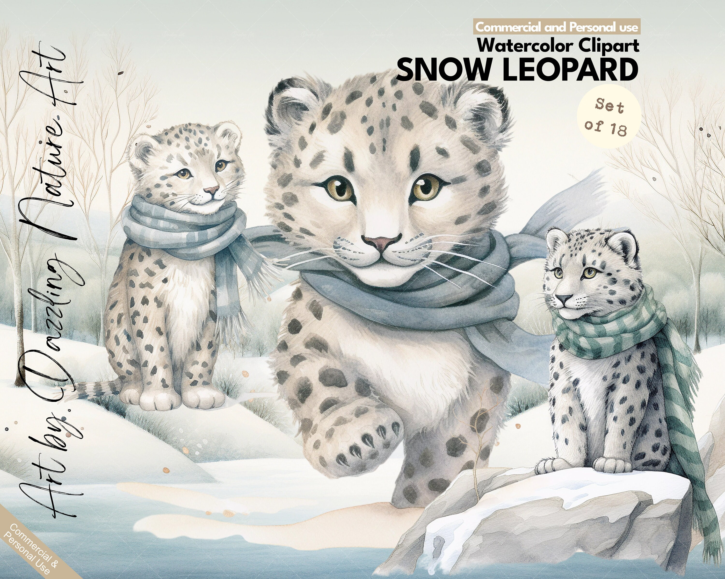 Snow Leopard Watercolor Clipart Nursery Decor Baby Snow Leopard