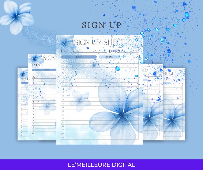 Blue Flower Sign up Sheet, Elegant Event Template (digital Download) - Etsy