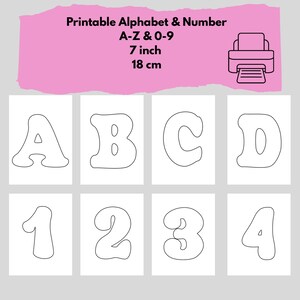 Könnte beinhalten: Ein Set aus druckbaren Buchstaben A-Z und Zahlen 0-9, die jeweils 18 cm hoch sind. Das Design zeigt kräftige, schwarze Umrisse der Zeichen auf weißem Hintergrund. Das obere Banner enthält den Text Printable Alphabet & Number A-Z & 0-9.