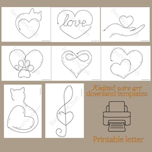 Może przedstawiać: Kolekcja czarno-białych rysunków liniowych przedstawiających serca, kota, odcisk łapy i nutę muzyczną. Widoczny tekst: "Knitted wire art download templates" i "Printable letter".