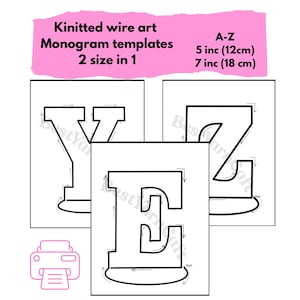 Könnte beinhalten: Monogrammvorlagen für Strickdrahtkunst. Das Bild zeigt drei weiße Vorlagen mit den Buchstaben Y, E und Z. Die Vorlagen sind 12 cm und 18 cm groß. Der Text auf dem Bild lautet "Kinitted wire art Monogram templates 2 size in 1 A-Z".
