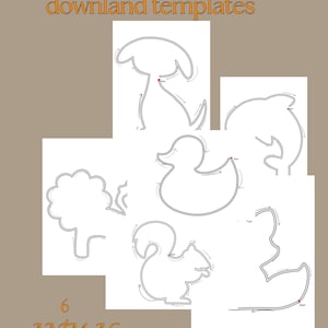 May include: A collection of six animal-themed wire art templates. The templates include outlines of a mushroom, duck, dolphin, tree, squirrel, and another duck. The words "Knitted wire art downland templates" and "6 Animal" are written in orange.