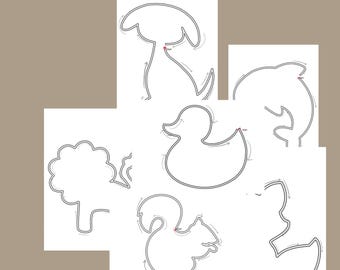 May include: A collection of six animal-themed wire art templates. The templates include outlines of a mushroom, duck, dolphin, tree, squirrel, and another duck. The words "Knitted wire art downland templates" and "6 Animal" are written in orange.