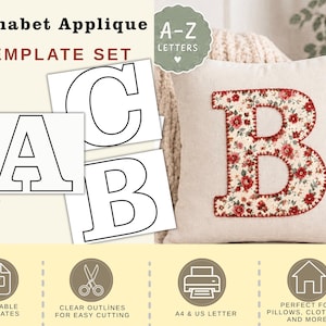 May include: Alphabet applique template set featuring black and white letter outlines for A, B, and C. The letter A template shows a height of 8 inches. A beige throw pillow displays a large letter B applique with a red floral pattern.