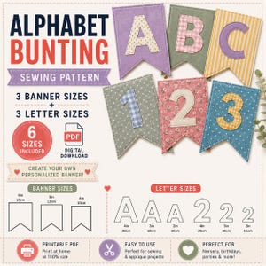 May include: A digital sewing pattern for alphabet bunting featuring fabric pennants with letters A, B, C and numbers 1, 2, 3. The image displays banner and letter sizes in inches and centimeters, a PDF icon, and instructions for printing at home.