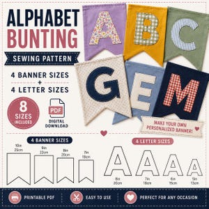 May include: A digital sewing pattern for alphabet bunting featuring fabric banners with letters A, B, C, G, E, and M. Includes diagrams for 4 banner sizes from 7 to 10 inches and 4 letter sizes from 5 to 8 inches, with PDF and digital download icons.