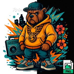 Gangster Bear Mascot Png, Urban Hip Hop Sublimation Design, Vector Streetwear Animal shirt, Hoodie, DTF, Digital Instant Download, Retro
