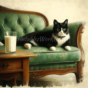 Elegant Black and White Cat on Green Vintage Couch – Oil Painting Print, Feline Art, Cozy Home Decor, Living Room, Home Office