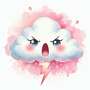 10 uroczych kreskówkowych chmur Clipart, Chmury do pokoju dziecięcego, Padający deszcz, Wydrukowalne akwarelowe clipart, Wysokiej jakości JPG, Pobieranie cyfrowe, Rękodzieło papierowe