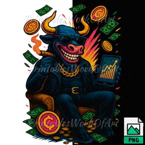 Rich Crypto Bull | Neon Gangster Bull T-Shirt Design | 80s Synthwave Crypto Art | Confident Bull with Cash | 300 DPI Transparent PNG