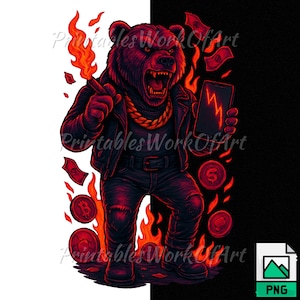 Gangster Crypto Bear PNG: Synthwave Neon T-Shirt Design