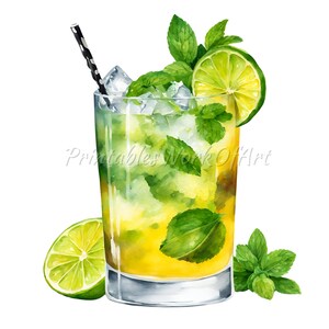 May include: A watercolour painting of a refreshing mojito cocktail. The drink is in a tall glass with ice, mint leaves, and a lime wedge. A black and white striped straw is in the glass. There is a lime wedge and mint leaves on the side of the glass.
