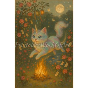 ıdırellez Unicorn Cat Illustration | Spring Celebration Digital Poster | Whimsical Fantasy Wall Art