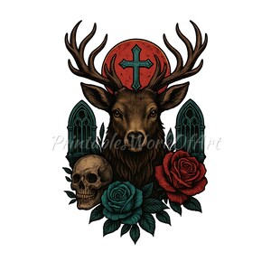 Gothic Deer Digital Art - Skull, Cross & Roses Dark Poster | 300 DPI High Resolution Download