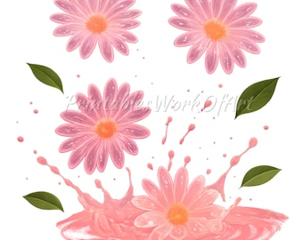 Daisy Flower Clipart PNG Set, Glowing Pink & Blue Flowers, Digital Download, Transparent Background, Printable Floral Art