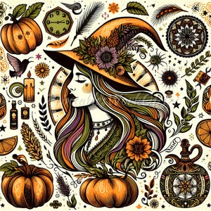 Whimsical Autumn Witch Illustration – High-Resolution  Digital Art | Witchy Wall Art Print