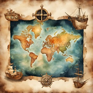 水彩海賊地図印刷可能 - 世界地図アート、地図作成クリップアート、ペーパークラフトと装飾用の JPG の即時ダウンロード