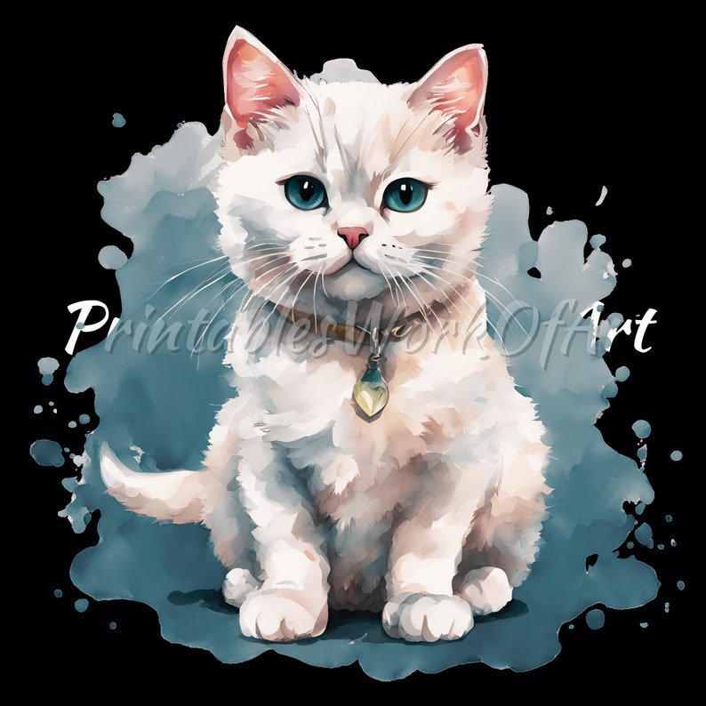 10 White Cute Cat Clipart, Printable Watercolor Clipart, High Quality ...